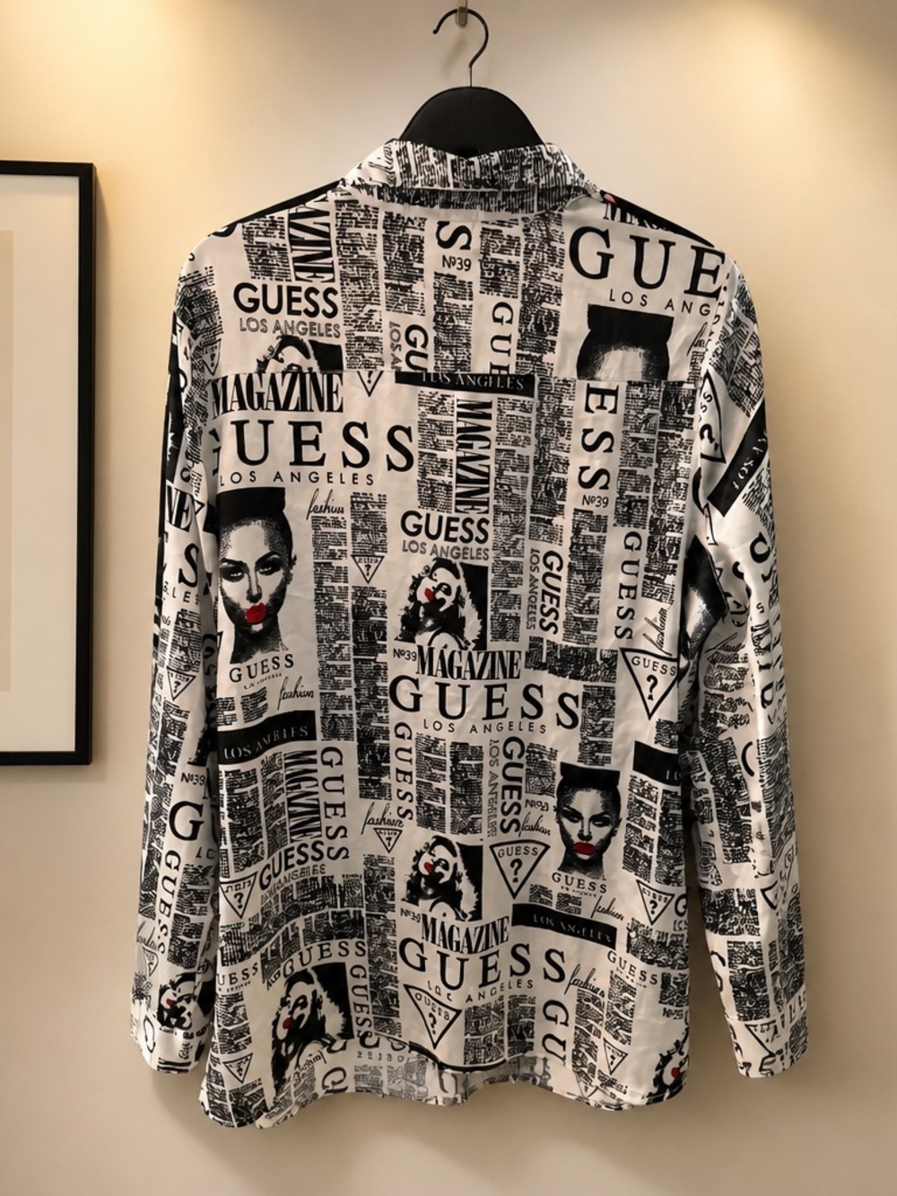 GUESS Black & White Graphic Newspaper Print Shirt Jacket with Red Accents - Picture 2 of 3
